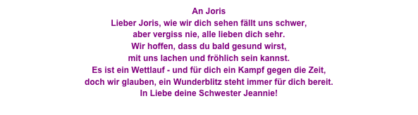 An Joris
Lieber Joris, wie wir dich sehen fällt uns schwer,
aber vergiss nie, alle lieben dich sehr.
Wir hoffen, dass du bald gesund wirst,
mit uns lachen und fröhlich sein kannst.
Es ist ein Wettlauf - und für dich ein Kampf gegen die Zeit, 
doch wir glauben, ein Wunderblitz steht immer für dich bereit.
In Liebe deine Schwester Jeannie!